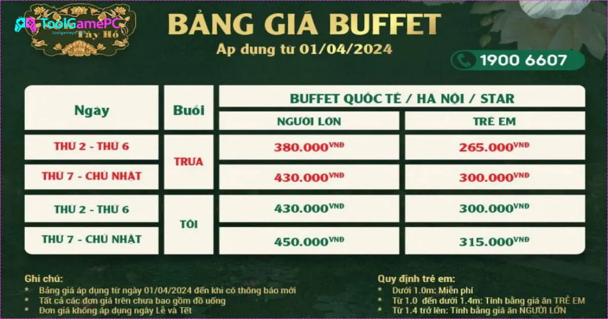Bảng Giá Buffet Sen Tây Hồ